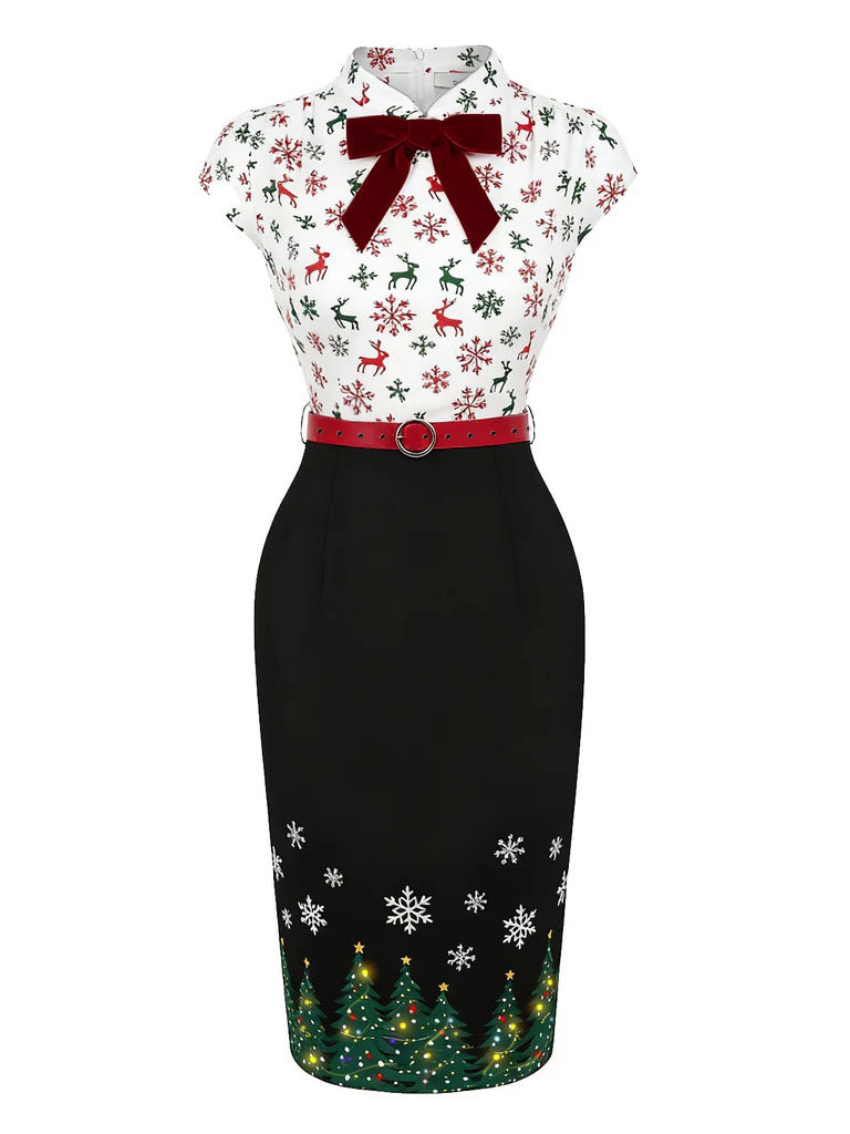 Black 1960s Christmas Tree Reindeer Snowflake Pencil Dress