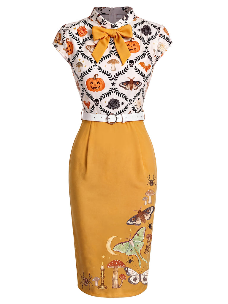 [Pre-Sale] Yellow 1960s Bats Bow Lapel Pencil Dress