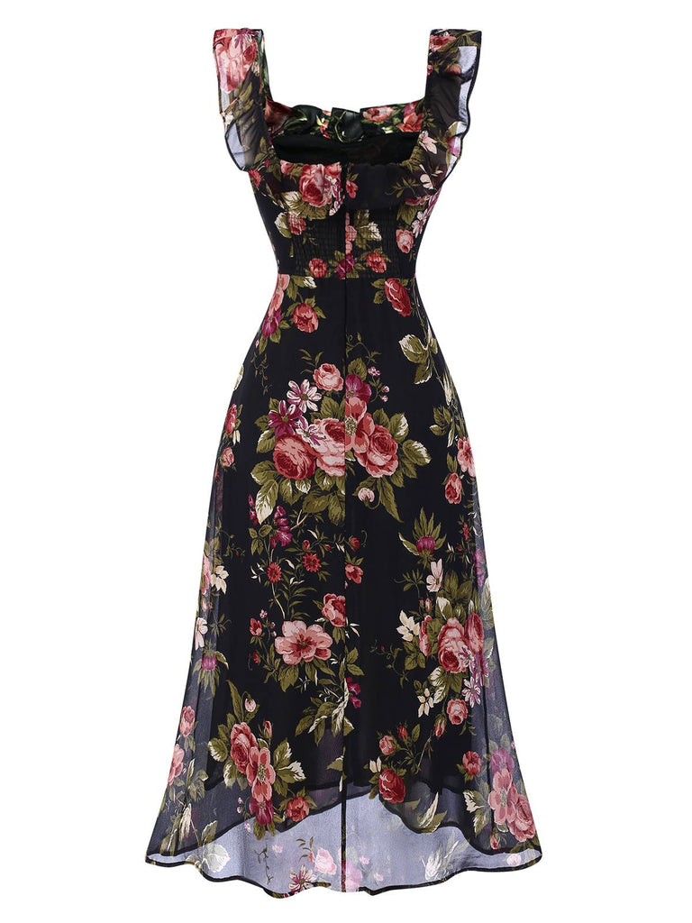 Black 1930s Square Neck Ruffled Floral Dress