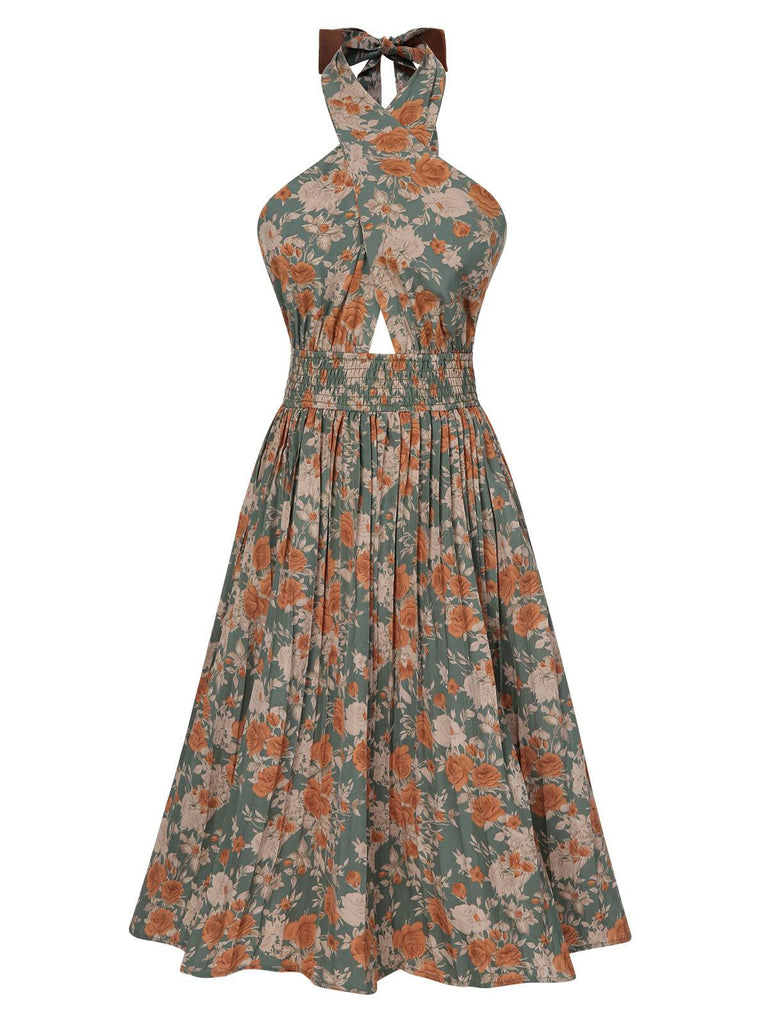 1940s Floral Halter Wrap Keyhole Pleated Dress