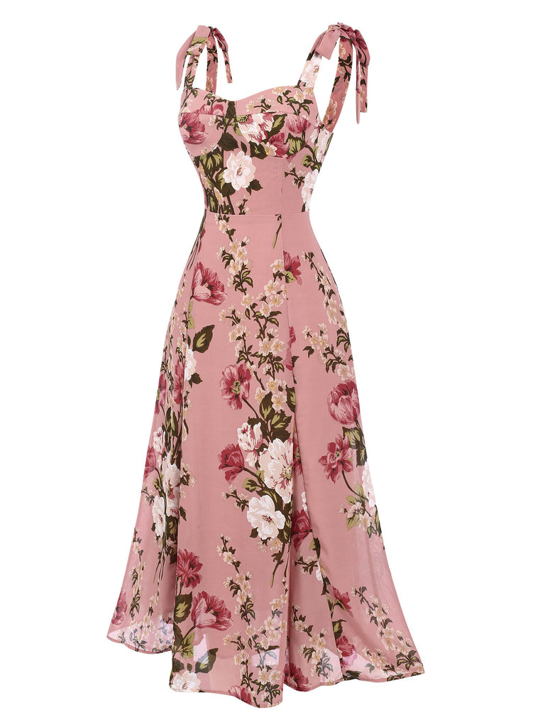 Pink 1940s Floral Lace-Up Dress