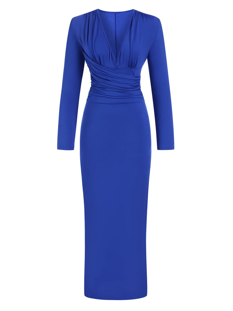 1930s Solid Pleated Waist V-Neck Bodycon Dress