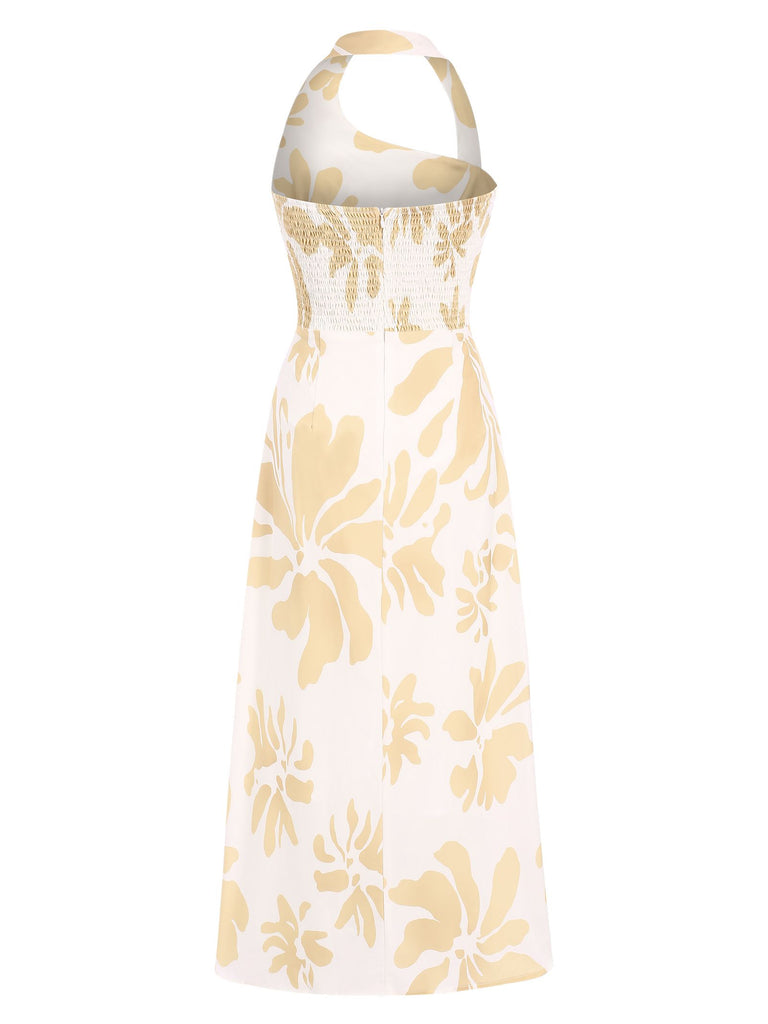 Yellow 1930s Asymmetric Neckline Floral Dress