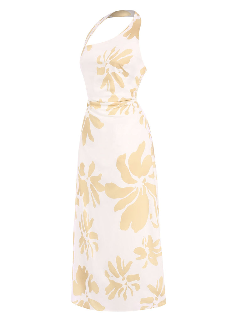 Yellow 1930s Asymmetric Neckline Floral Dress