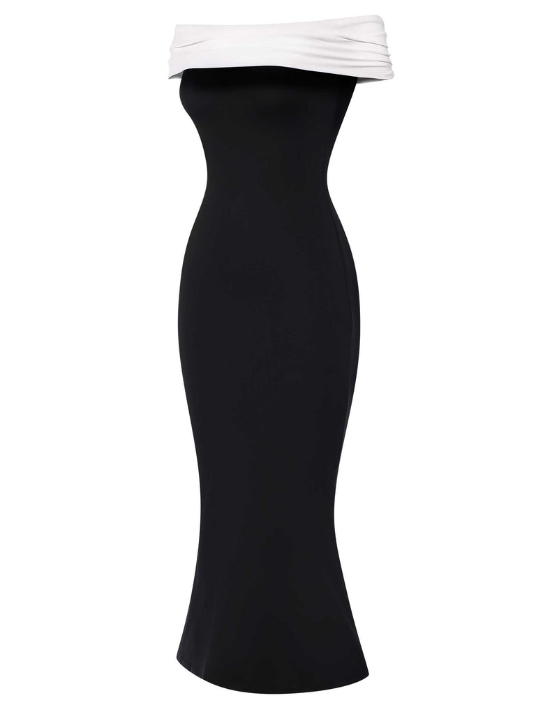 Black 1930s Off-Shoulder Contrast Fishtail Dress