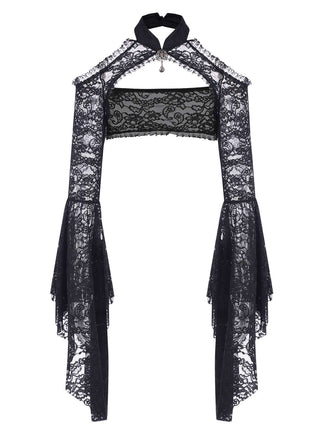 Black 1960s Flare Sleeved Lace Rhinestone Sheer Cape