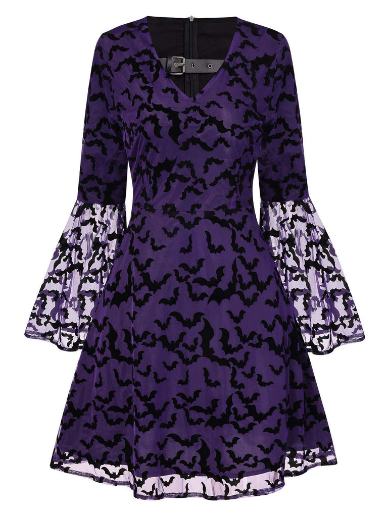 Purple 1960s Bats Mesh Bell Sleeves Dress