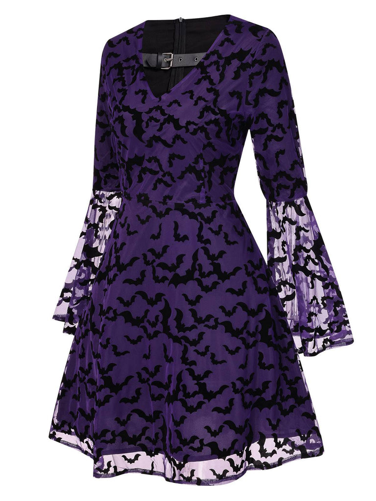 Purple 1960s Bats Mesh Bell Sleeves Dress