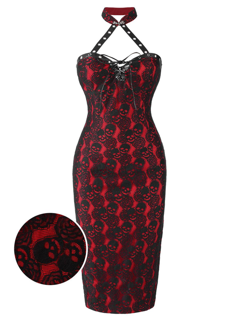 Red 1970s Skull Gothic Halter Pencil Dress