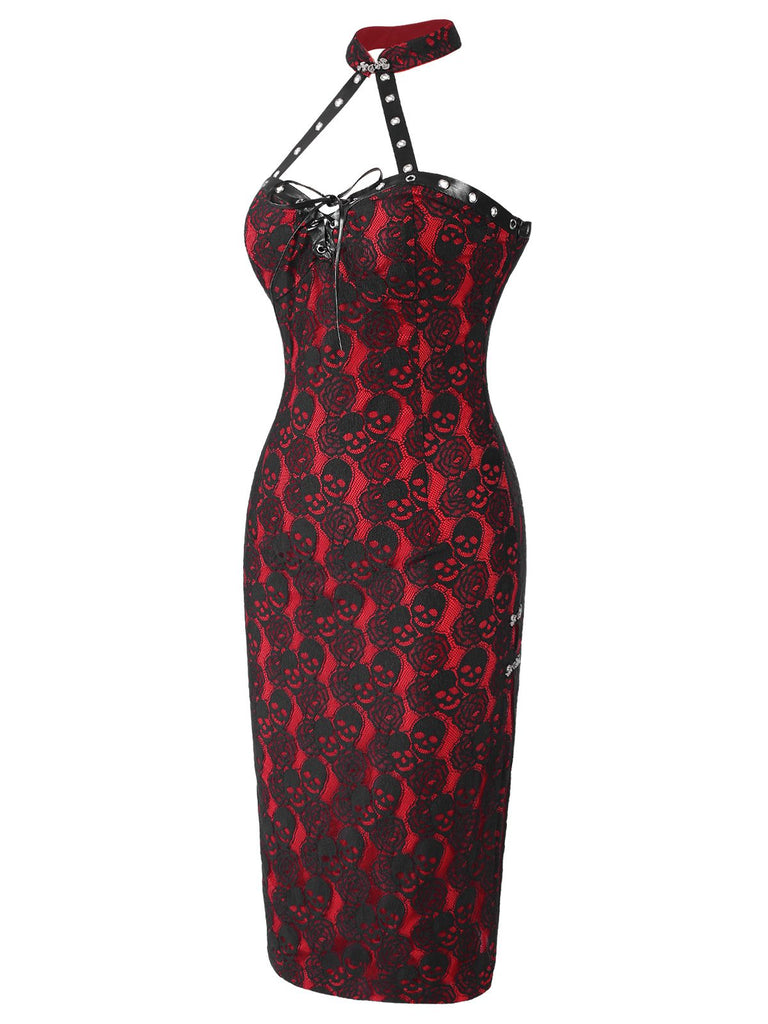 Red 1970s Skull Gothic Halter Pencil Dress