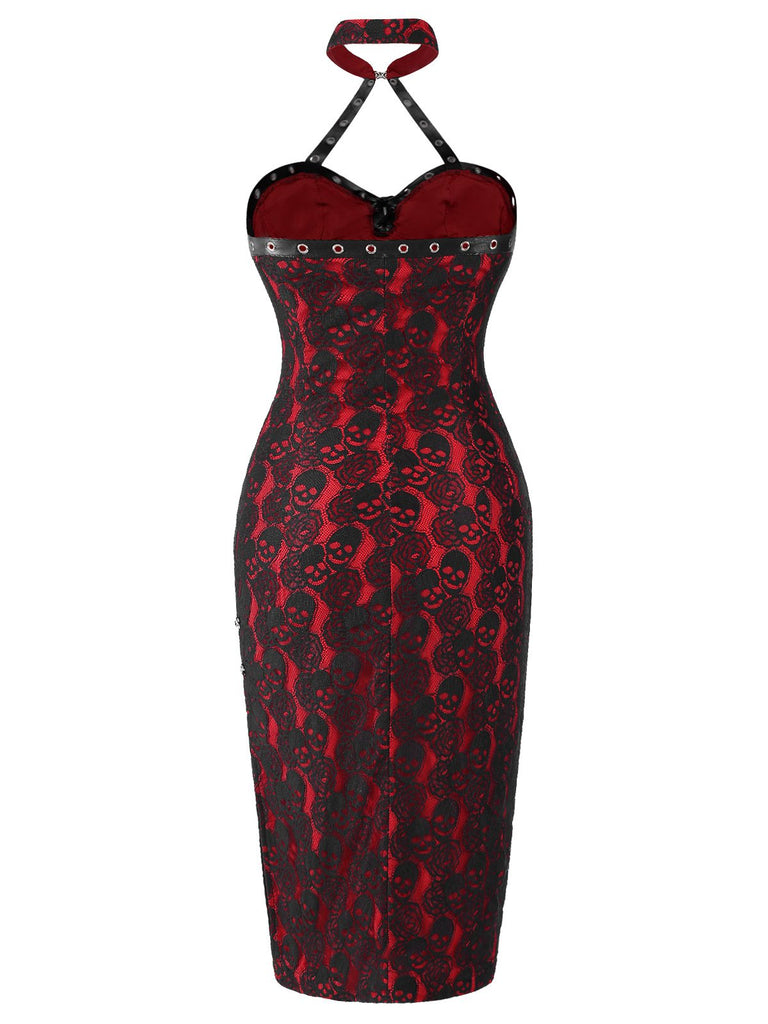 Red 1970s Skull Gothic Halter Pencil Dress