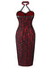 Red 1970s Skull Gothic Halter Pencil Dress