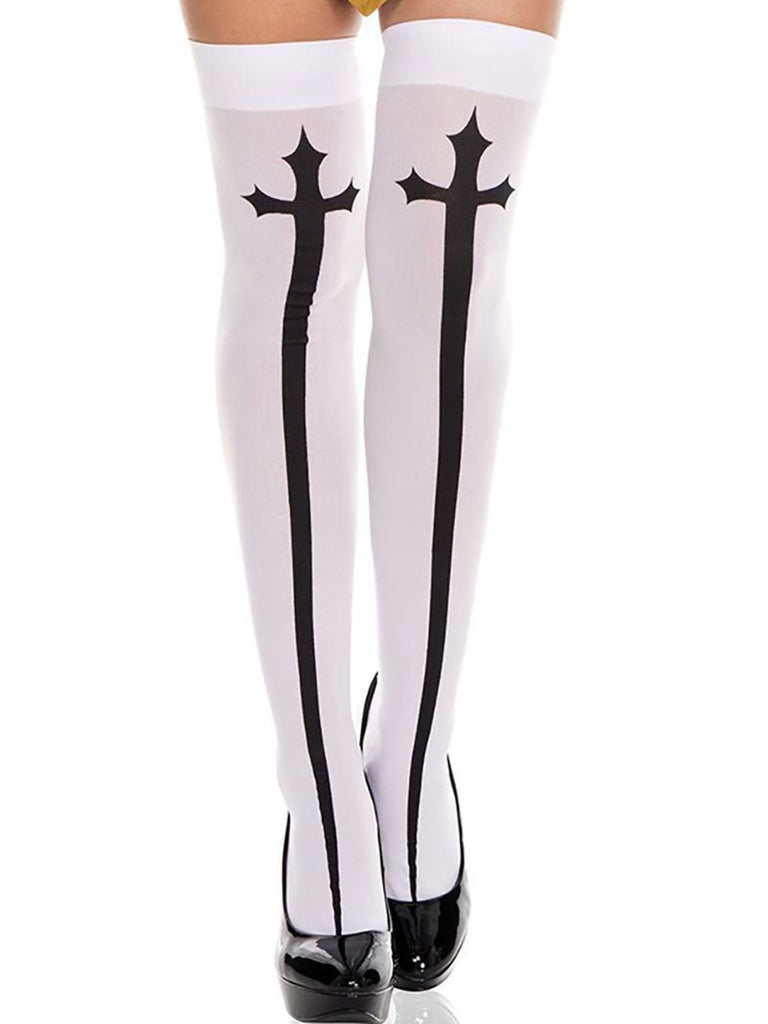 White Halloween Cross Pattern Thigh Stockings