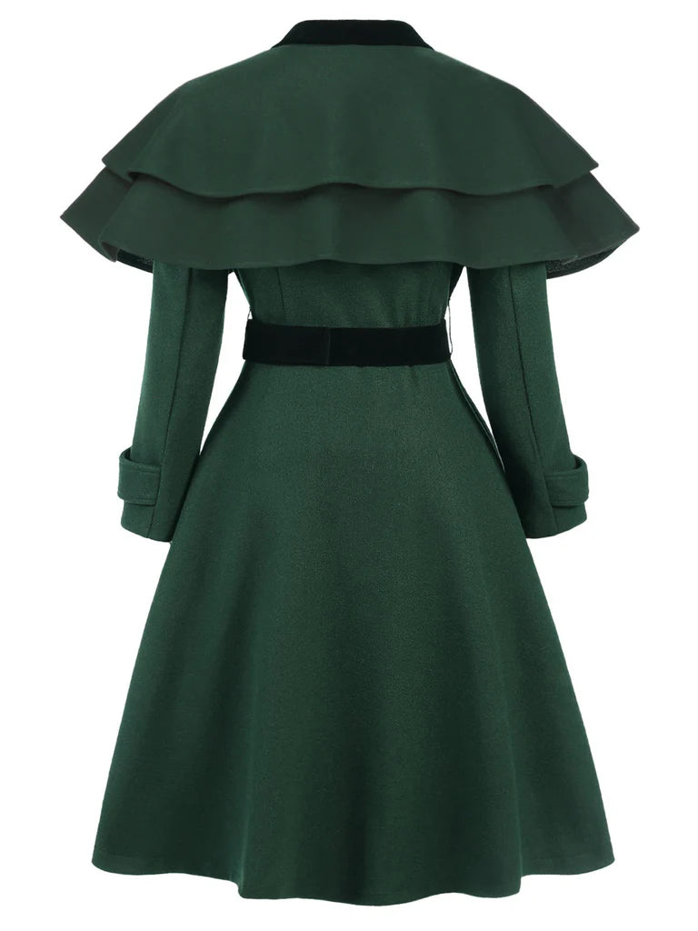 Green 1930s Double-Breasted Belted Coat With Cape