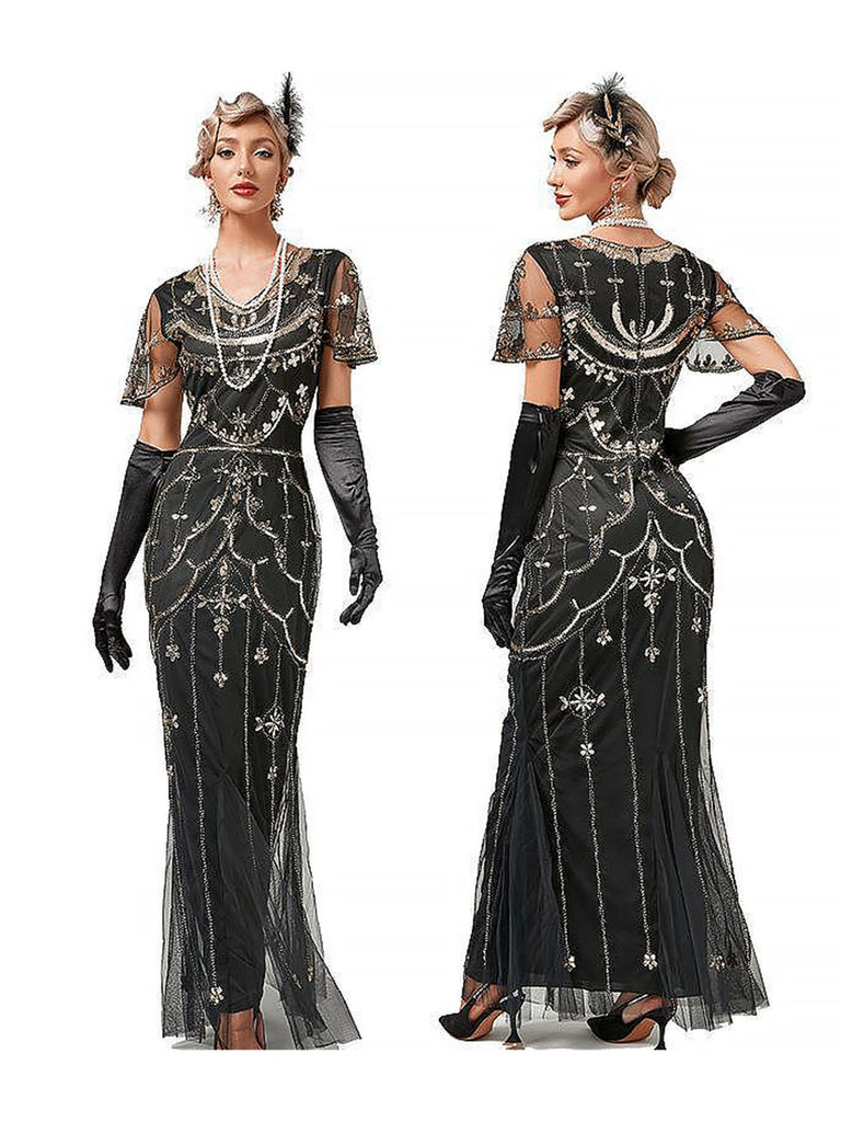 1920s V-Neck Sequined Mesh Mermaid Formal Dress