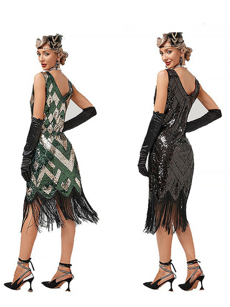 1920s V-Neck Sequined Fringe Evening Dress