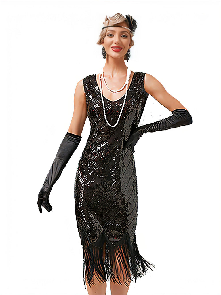 1920s V-Neck Sequined Fringe Evening Dress