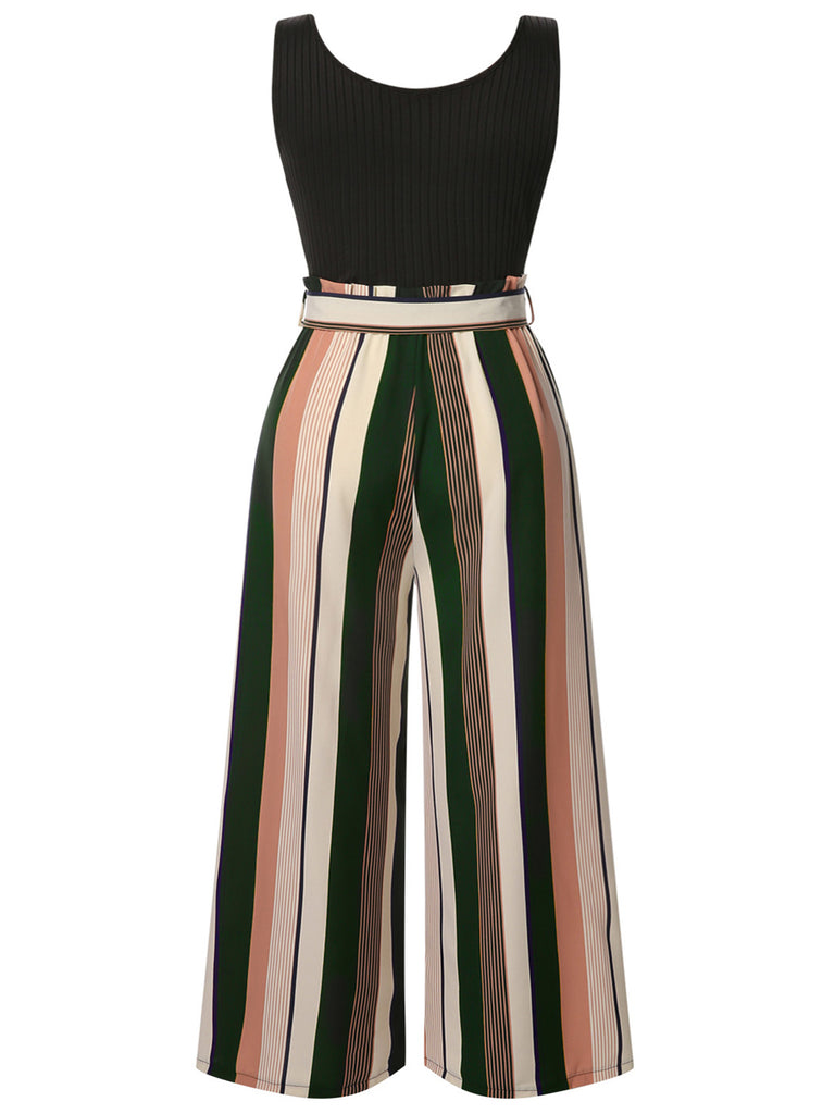 [Plus Size] Black 1950s Stripes Knitted Belted Jumpsuit