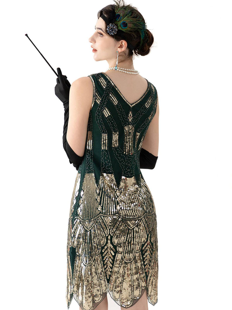 Dark Green 1920s V-Neck Sequined Flapper Dress