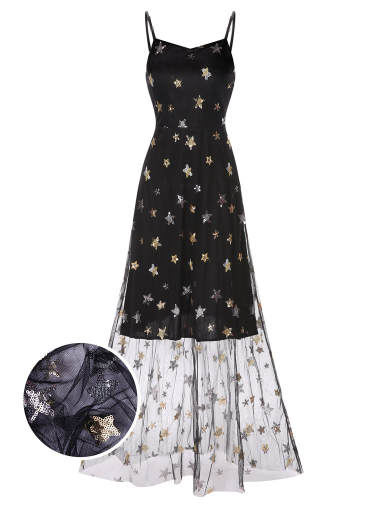 Black 1930s Star Sequined Mesh Suspender Dress