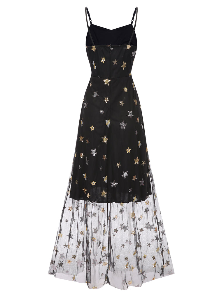 Black 1930s Star Sequined Mesh Suspender Dress