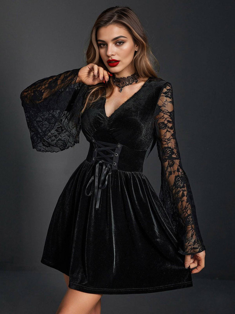 Black 1970s Lace Bat Sleeves Velvet Dress