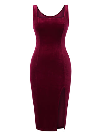 Wine Red 1960s Solid U-Neck Velvet Slit Dress