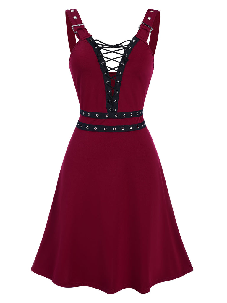 Red 1950s Halloween V-Neck Lace-Up Dress