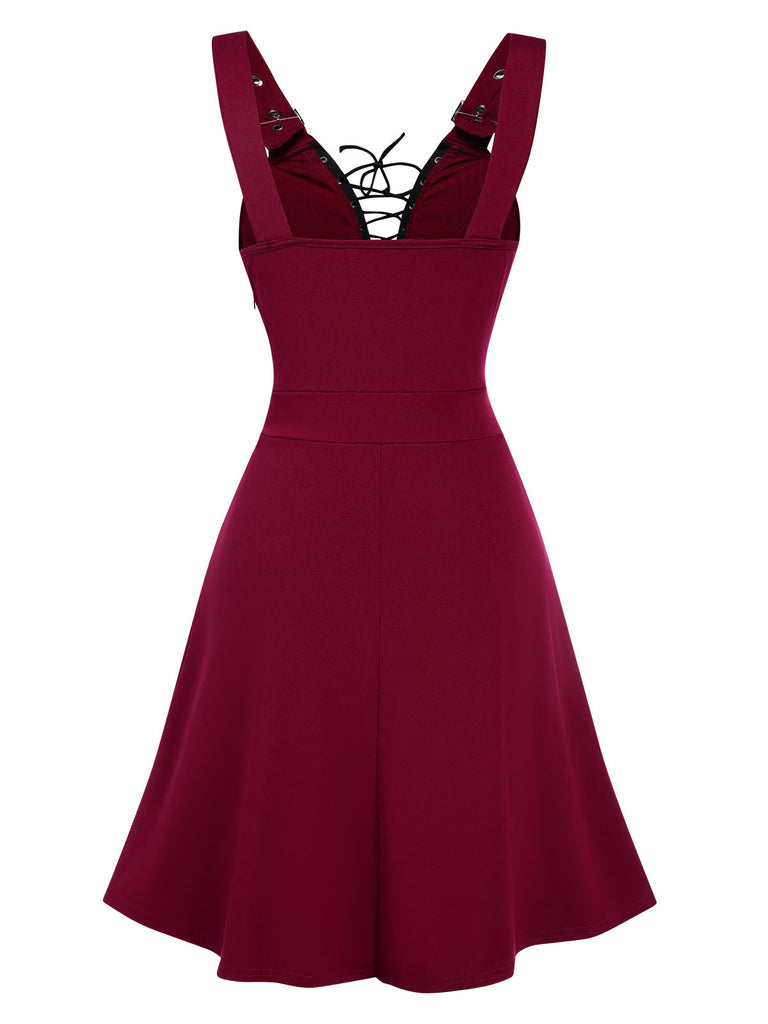 Red 1950s Halloween V-Neck Lace-Up Dress