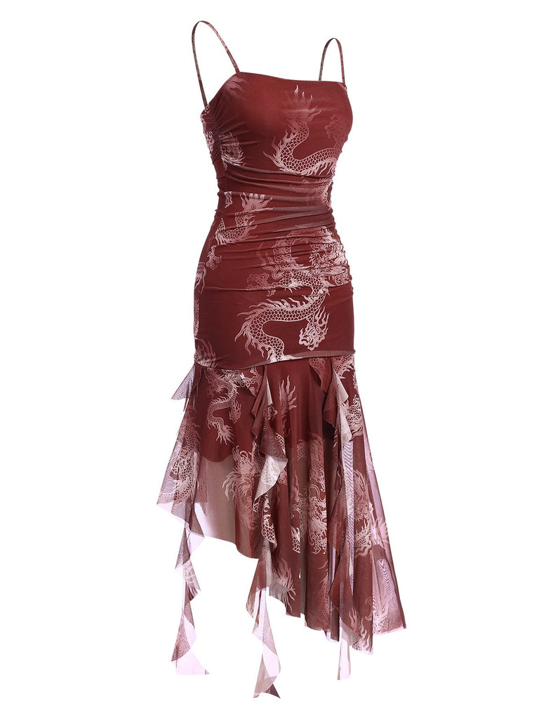 Red 1950s High-Low Halloween Dragon Mesh Dress