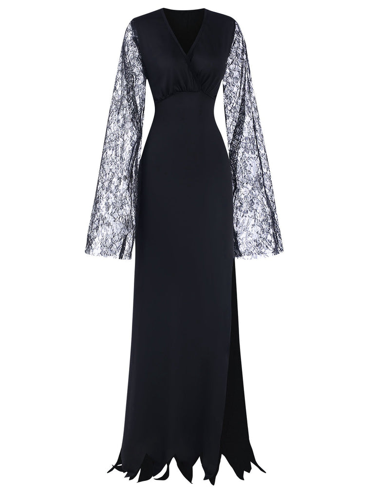 Black 1930s Lace Sleeve Floor Length Dress