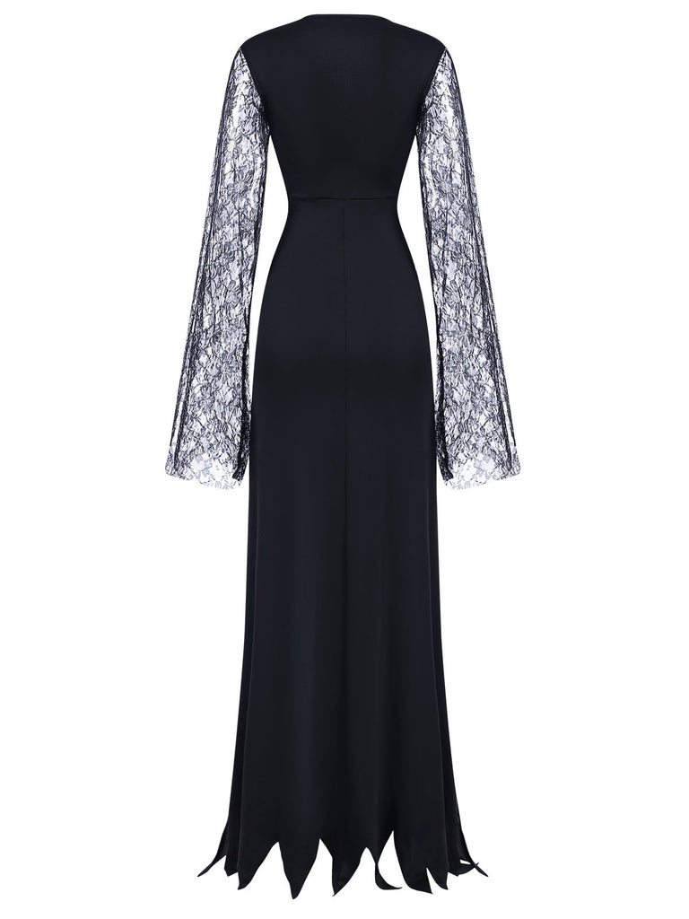 Black 1930s Lace Sleeve Floor Length Dress