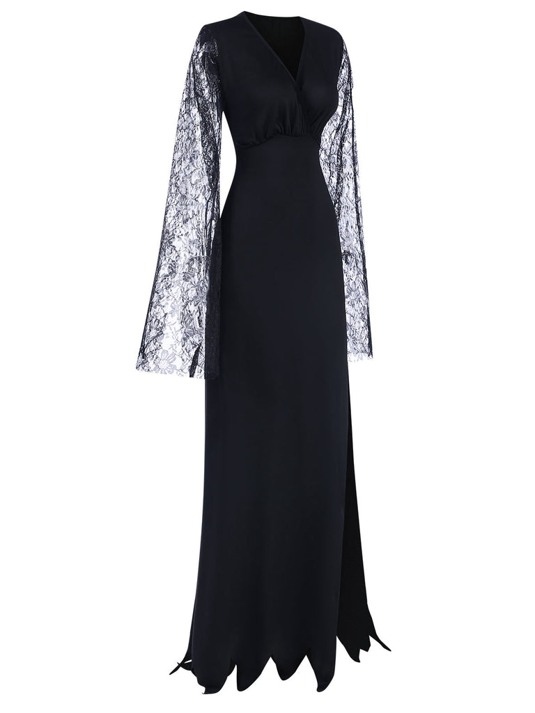 Black 1930s Lace Sleeve Floor Length Dress