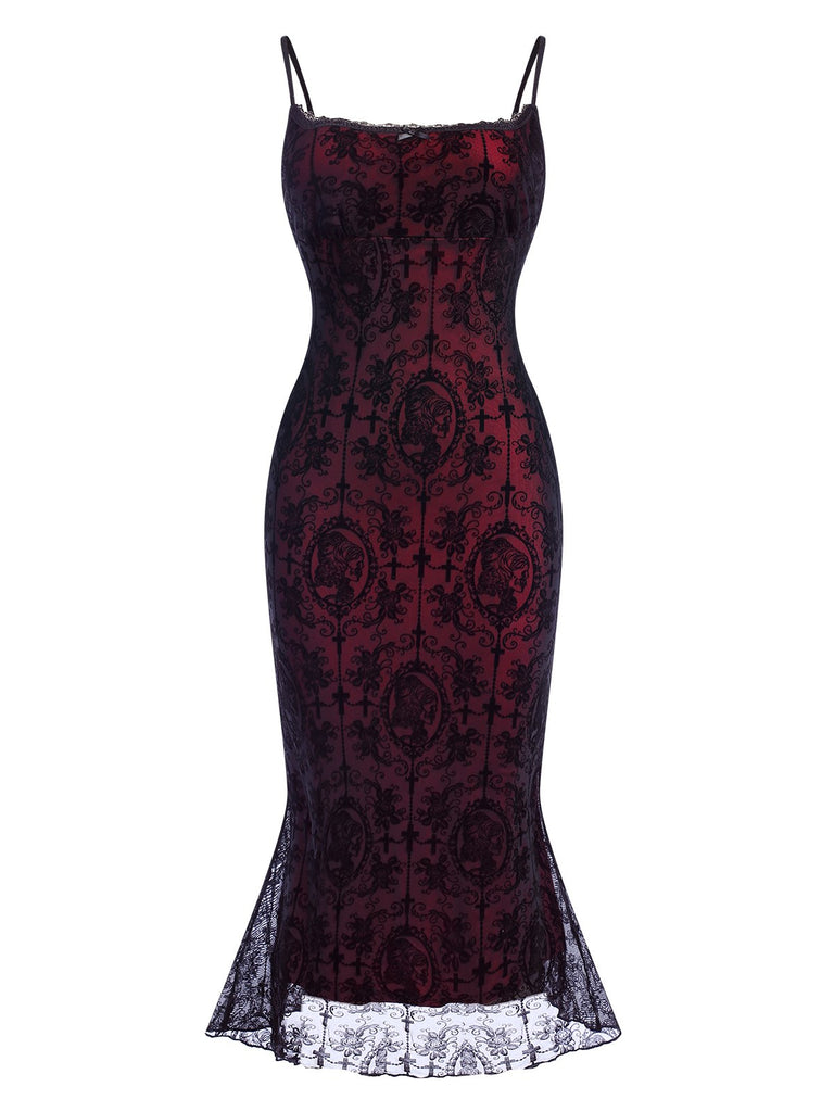 Red 1930s Skull Ladies Lace Spaghetti Straps Dress