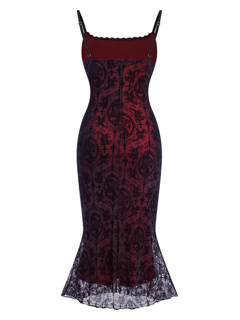 Red 1930s Skull Ladies Lace Spaghetti Straps Dress