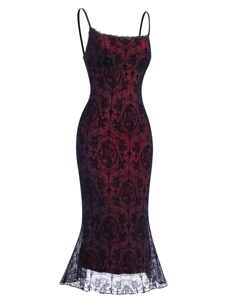 Red 1930s Skull Ladies Lace Spaghetti Straps Dress