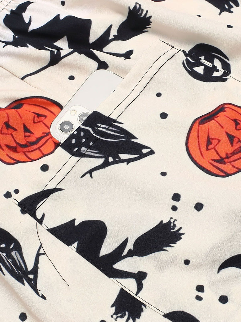 Beige 1960s Halloween Pumpkin Pocket Pants