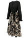 Black 1940s Floral Silhouette Long Sleeved Dress