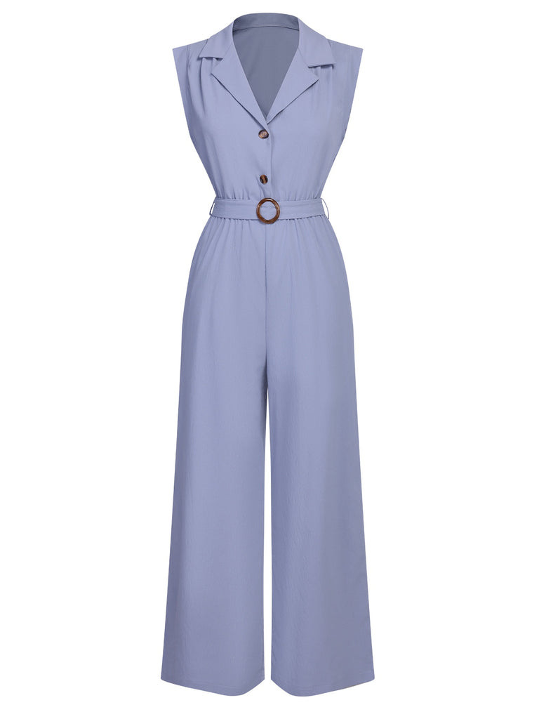 Blue 1950s Solid Cap Sleeves Lapel Jumpsuit