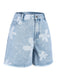 Light Blue 1950s Flower Raw Hem Denim Shorts