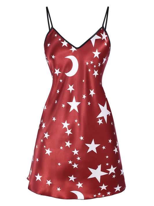 Red 1960s Star Spaghetti Straps Nightgown