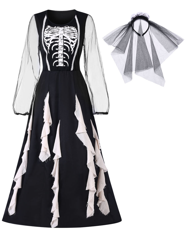 Black 1930s Halloween Skeleton Ruffles Dress With Veil