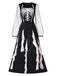 Black 1930s Halloween Skeleton Ruffles Dress With Veil