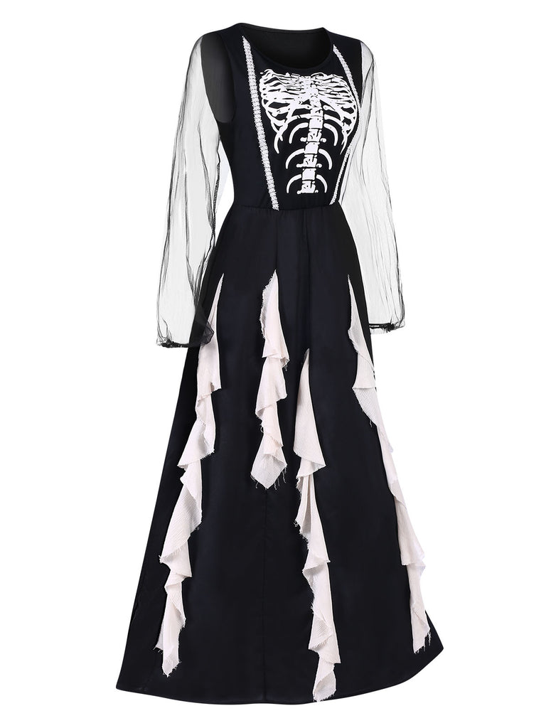 Black 1930s Halloween Skeleton Ruffles Dress With Veil