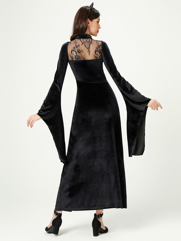 Black 1940s Batwing Sleeves Slit Velvet Dress