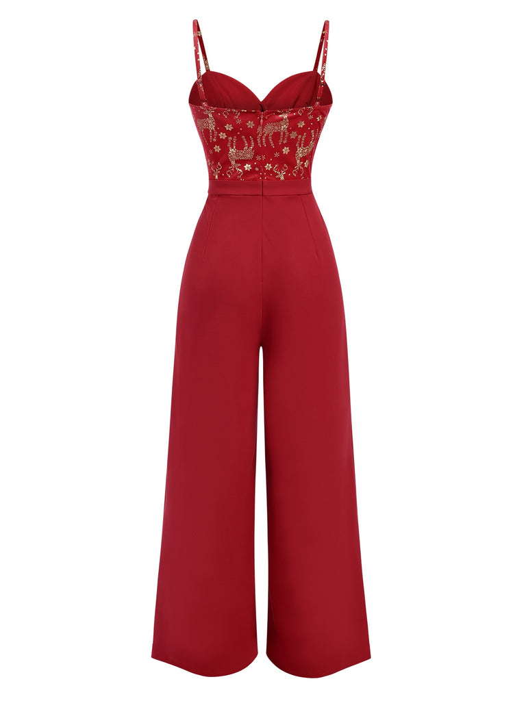 [Pre-Sale] Red 1930s Christmas Elk Gilded Velvet Jumpsuit