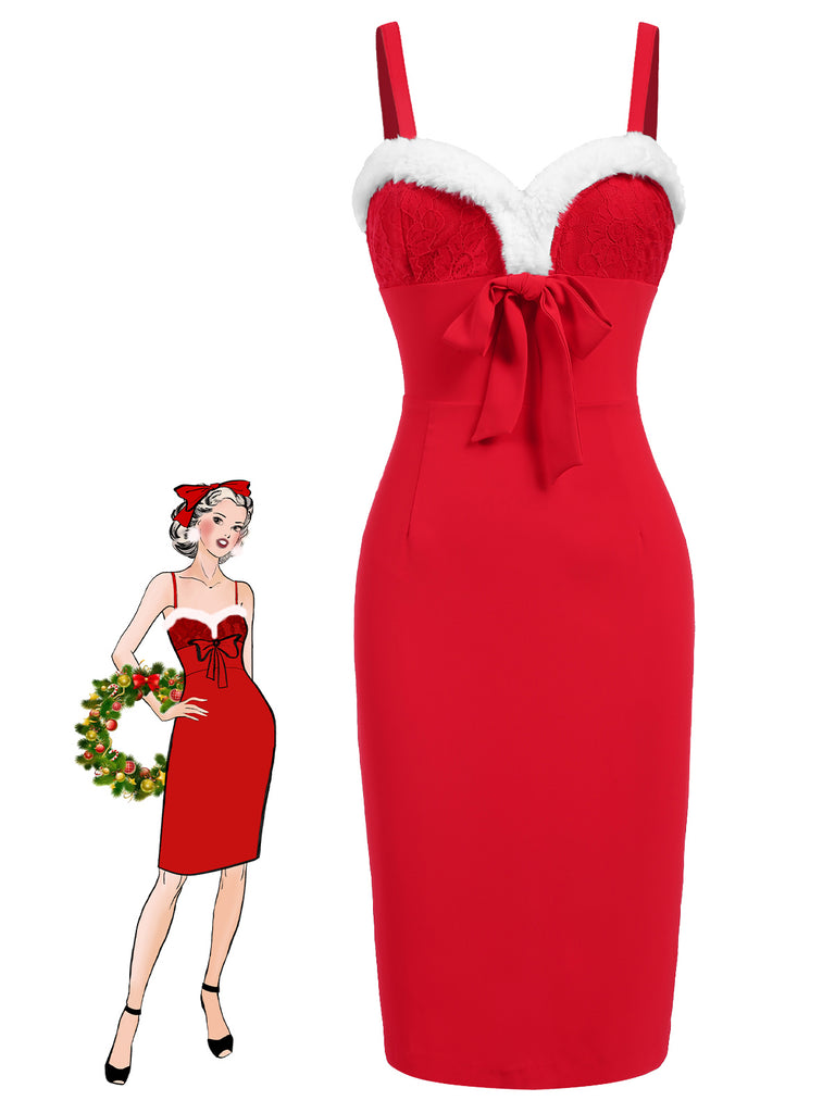 [Pre-Sale] Red 1960s Spaghetti Strap Christmas Plush Lace Dress