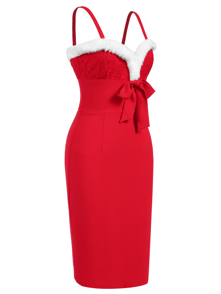 [Pre-Sale] Red 1960s Spaghetti Strap Christmas Plush Lace Dress