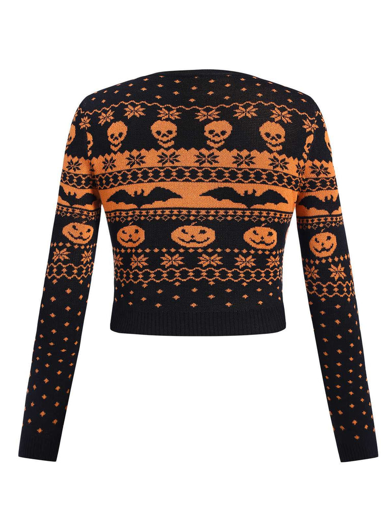 Black 1970s Halloween Skull Bat Crop Sweater