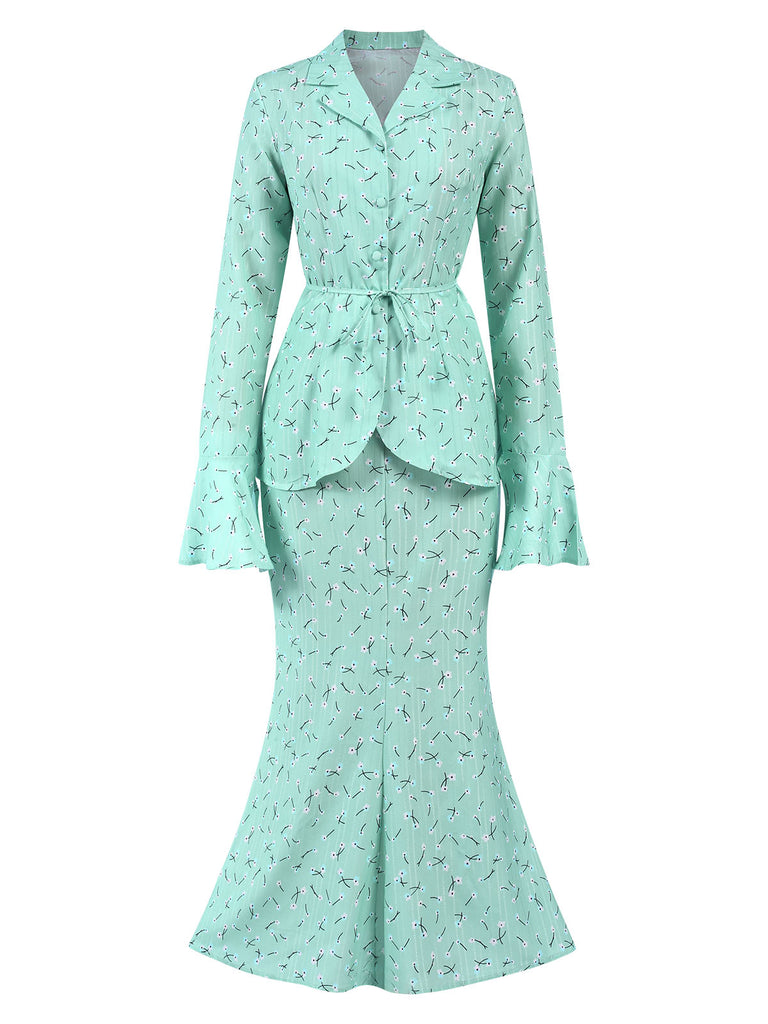 Green 1930s Floral Long Sleeve Top & Mermaid Skirt